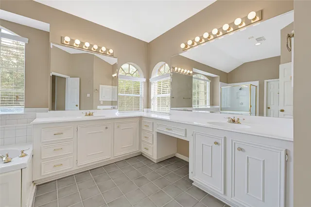 a bathroom with a sink vanity and a mirror
