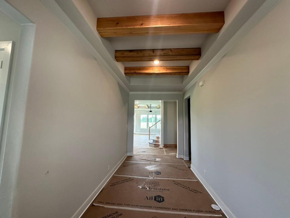 295 Brown Road Leonard, TX 75452 - Photo 3 of 28 Hallway featuring exposed wood ceiling beams, recessed lighting, and crown molding
