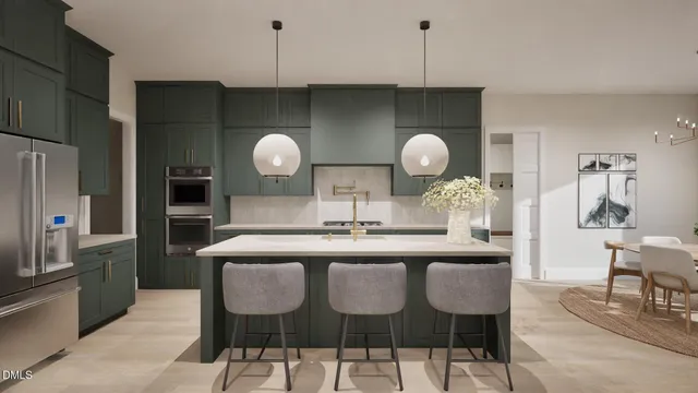 a kitchen with a dining table and a fireplace