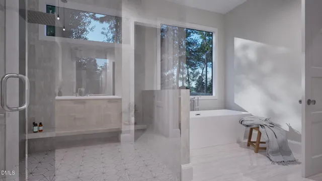 a bathroom with a bathtub and shower