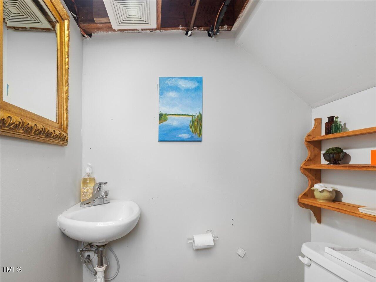 4112 Rowan Street Raleigh, NC 27609 - Photo 24 of 35 a bathroom with a sink a mirror and a toilet