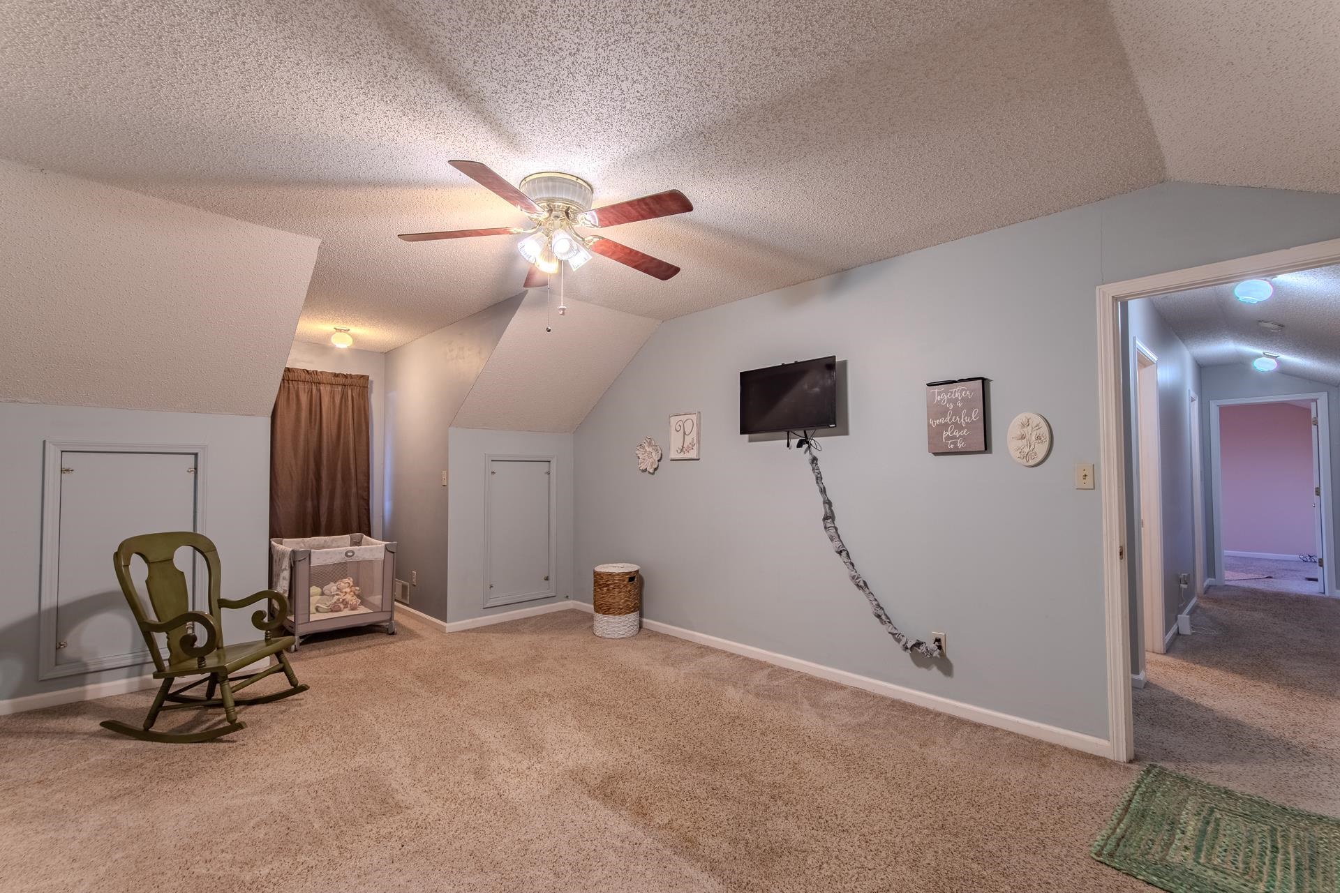 345 Dancer Road Selmer, TN 38375 - Photo 16 of 24 Unfurnished room with lofted ceiling, carpet flooring, a textured ceiling, and a ceiling fan
