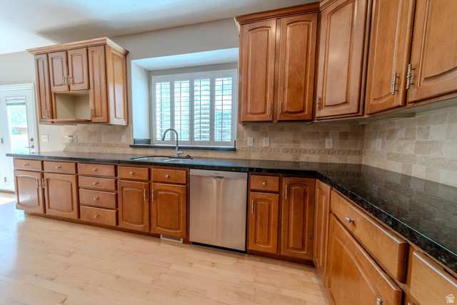 598 Hollow Creek Road Draper, UT 84020 - Photo 36 of 110 Kitchen featuring honey-toned cabinetry with dark countertops, a tiled backsplash, and wood-finish flooring