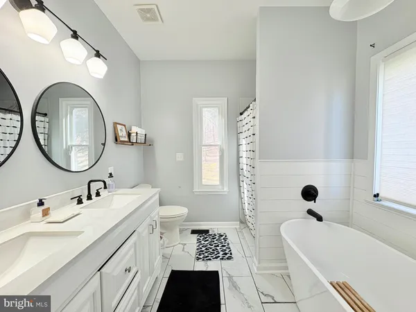 a bathroom with a double vanity sink mirror bathtub and toilet