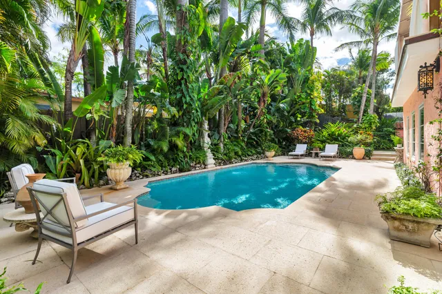 a view of a swimming pool with chairs and plants
