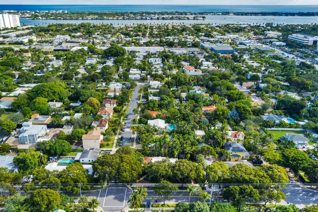 an aerial view of residential houses with outdoor space and trees