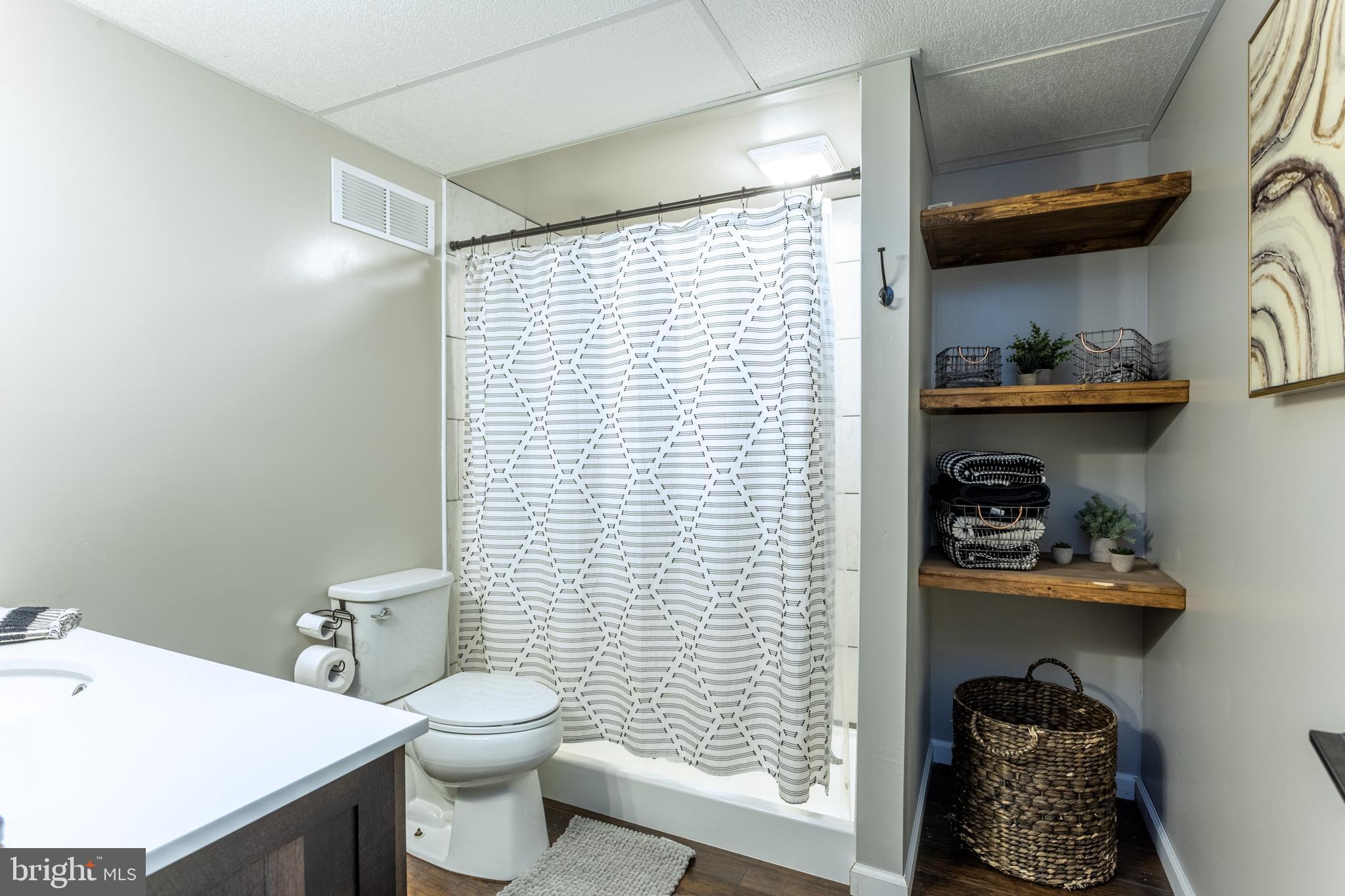 4210 Graceton Road Pylesville, MD 21132 - Photo 53 of 64 a bathroom with a sink a toilet and shower curtain