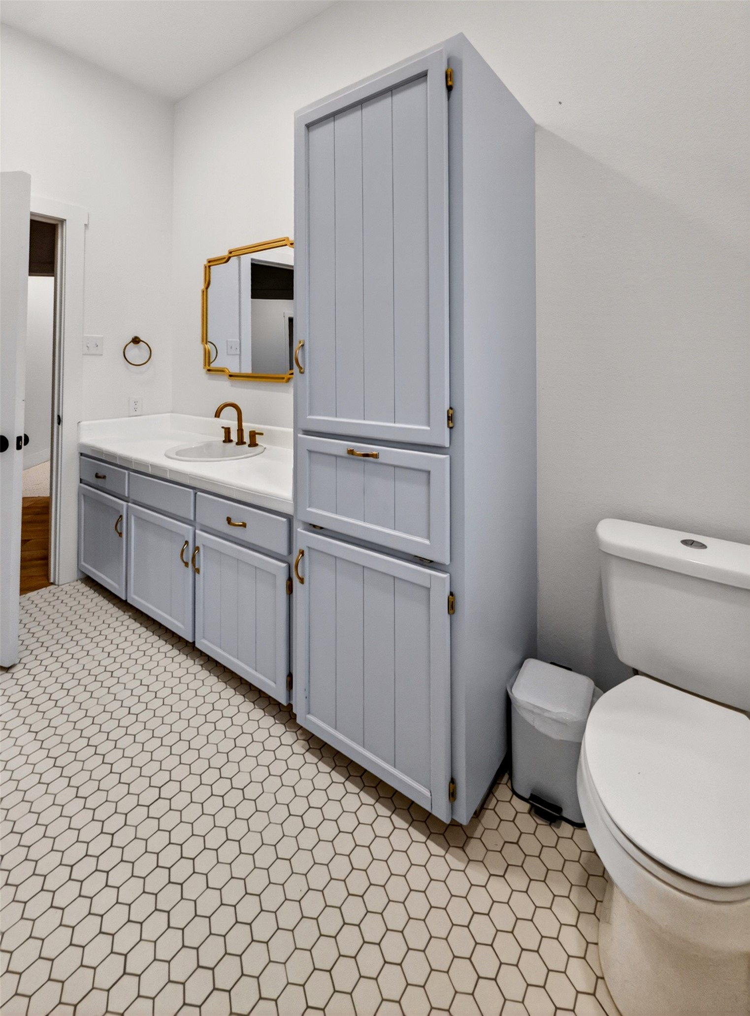 6106 Southeast Fm Ranch Buckholts, TX 76518 - Photo 24 of 38 The bathroom features hexagonal floor tiling, a vanity with a white countertop and brass-toned fixtures, a framed mirror, and a tall storage cabinet