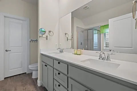 a bathroom with a double vanity sink toilet and a mirror