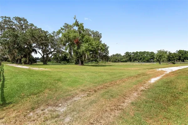 a view of a house with a big yard and large trees