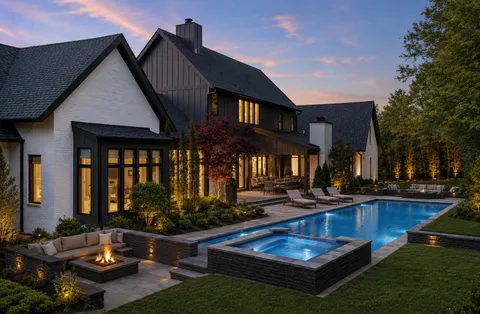 a front view of house and yard with swimming pool and furniture