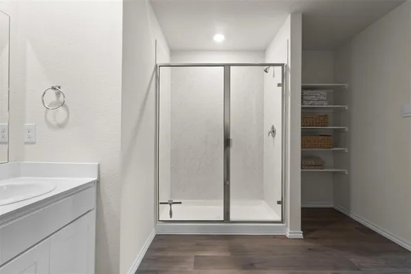a bathroom with a shower and a sink