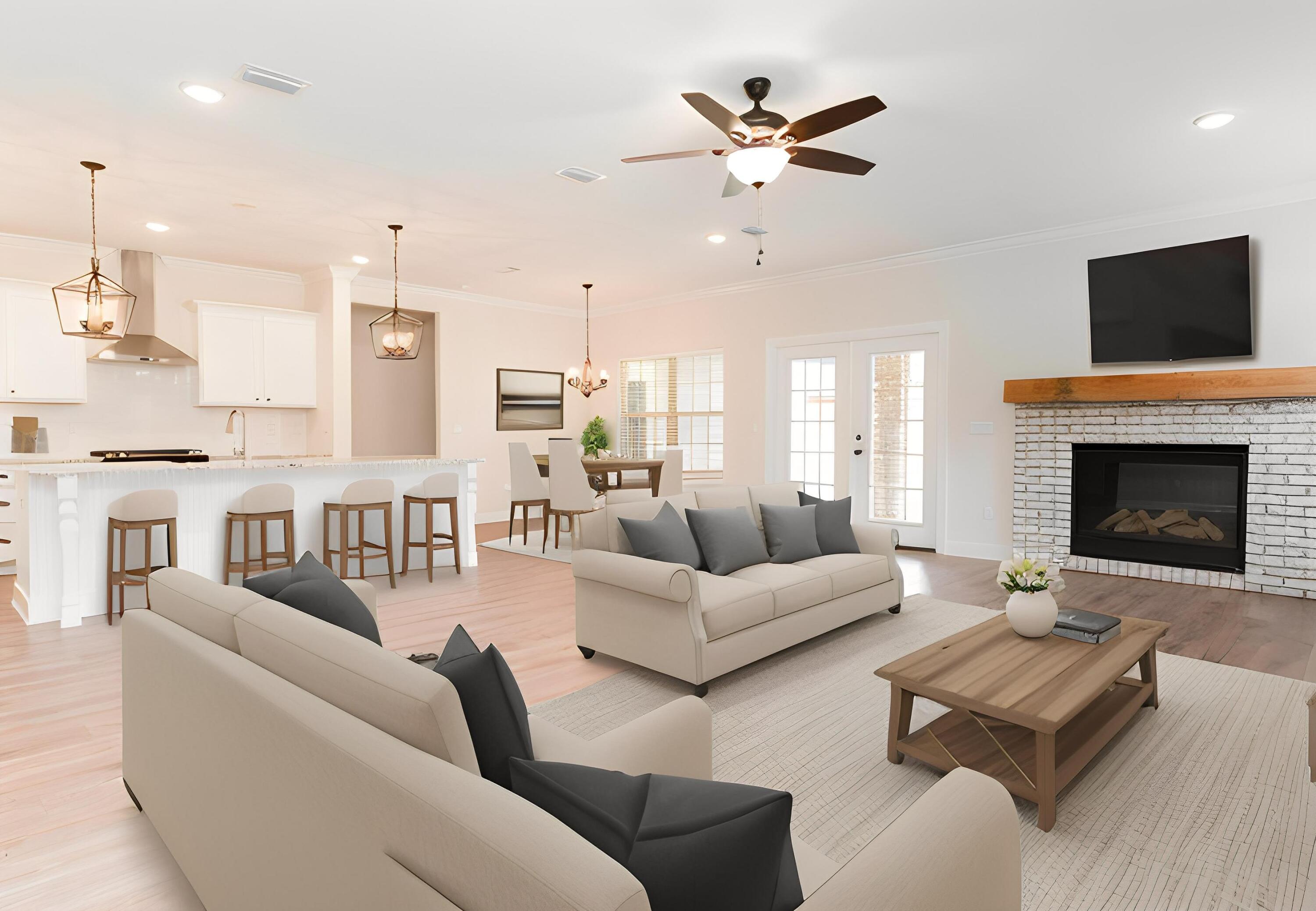 1184 Forest Heights Road Fort Walton Beach, FL 32547 - Photo 6 of 45 a living room with furniture kitchen view and a fireplace
