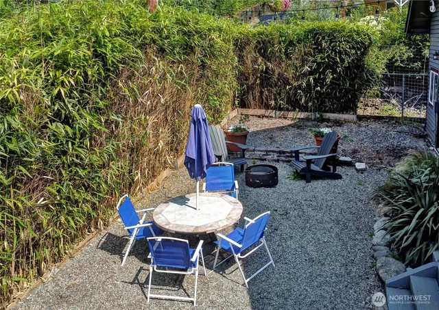 a backyard of a house with table and chairs