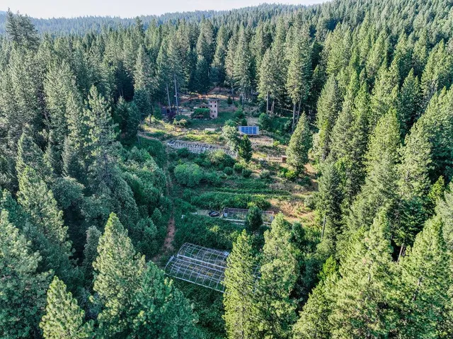 an aerial view of a house with large trees