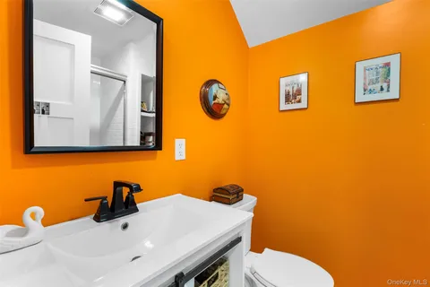 a bathroom with a sink mirror and toilet