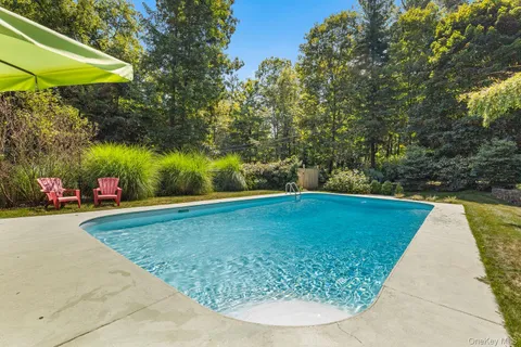 a view of a swimming pool with a garden