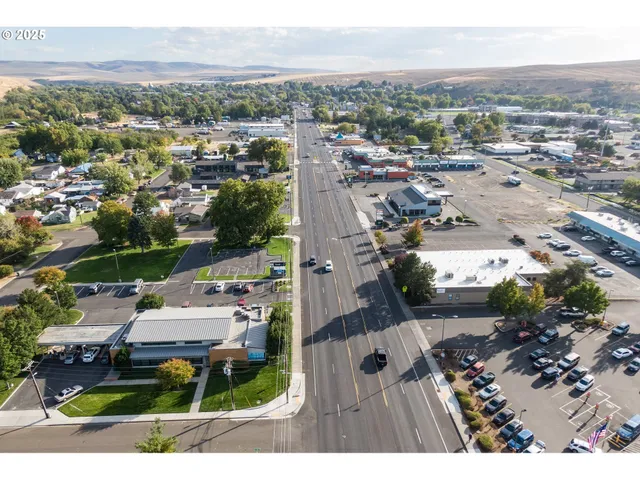 an aerial view of residential houses with outdoor space and trees