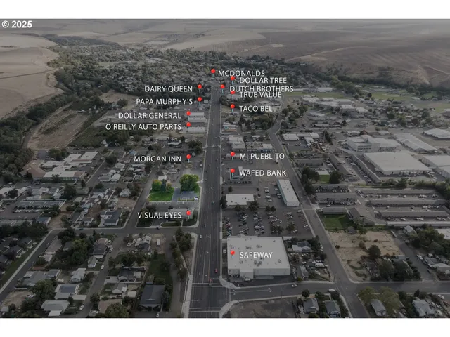 an aerial view of a house with garden space and street view