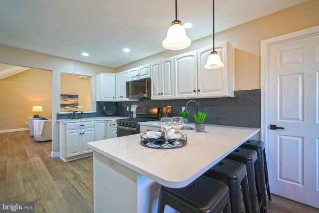 a kitchen with stainless steel appliances granite countertop a refrigerator a sink dishwasher a stove and white cabinets with wooden floor