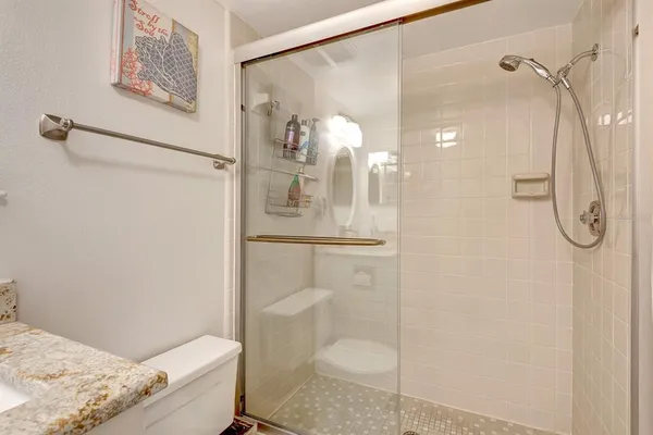 a bathroom with a granite countertop shower and toilet