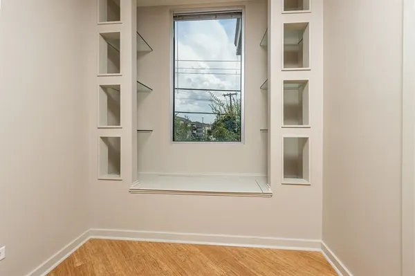 a view of a small space with a window