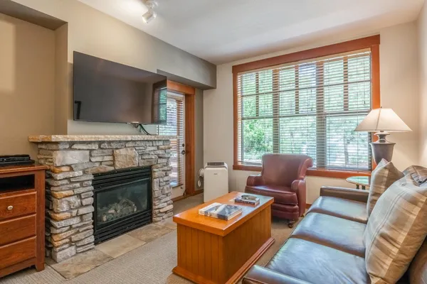 a living room with furniture a flat screen tv and a fireplace