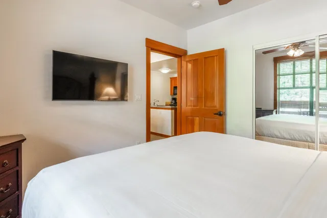 a bedroom with a bed and a flat screen tv