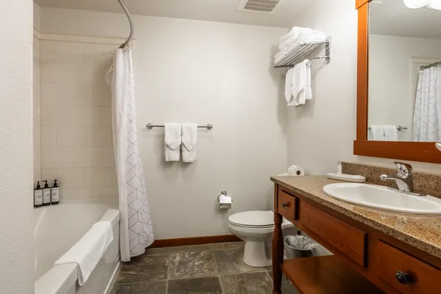 a bathroom with a granite countertop sink a toilet and bathtub