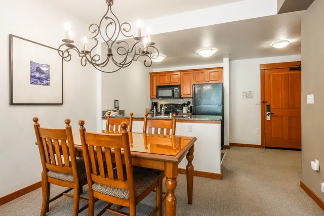 a view of a dining room with furniture