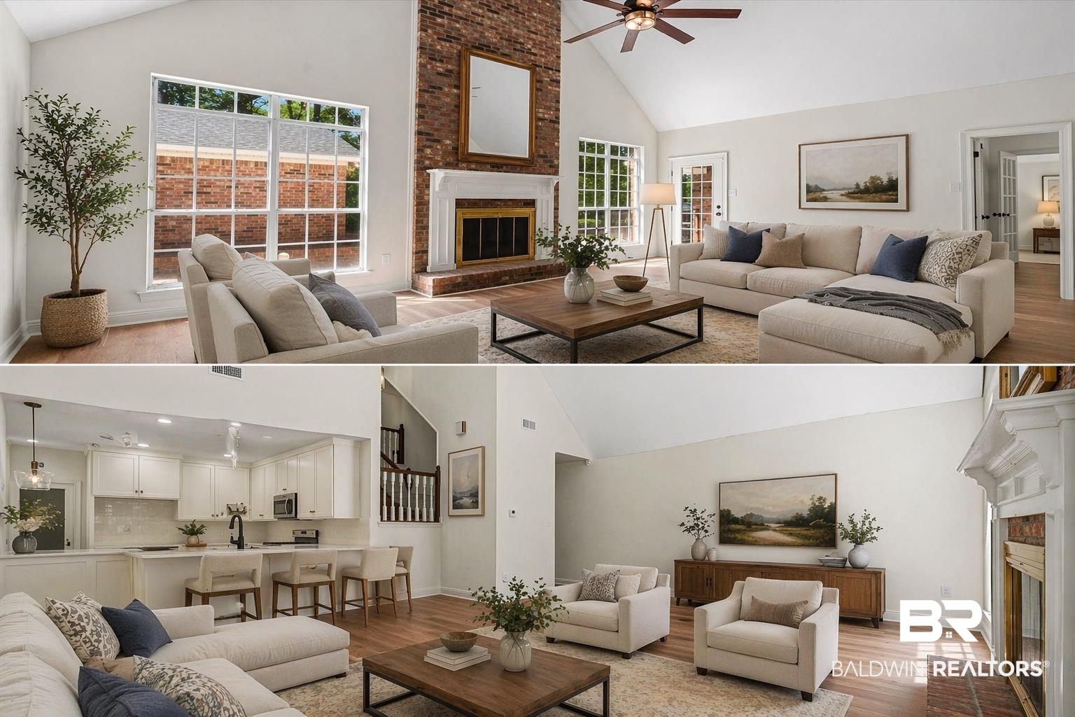 3451 Lacoste Road Mobile, AL 36618 - Photo 10 of 36 Living area with a high ceiling, a brick fireplace, light wood finished floors, ceiling fan, and healthy amount of natural light