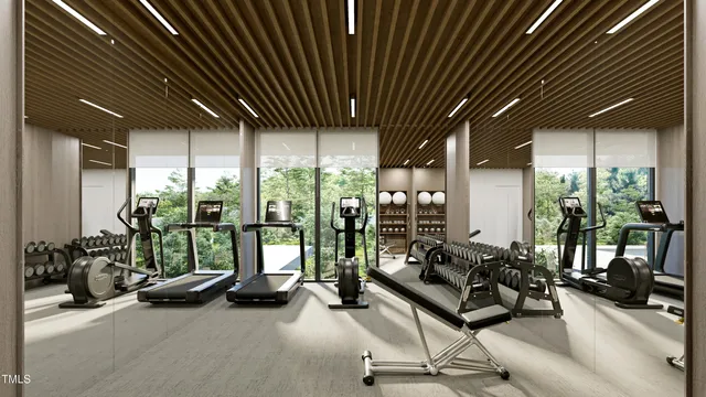 a view of a livingroom with gym equipment