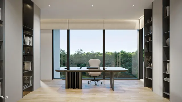a living room with furniture and a floor to ceiling window