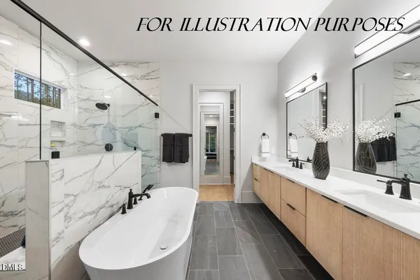 a bathroom with a double vanity sink mirror and shower