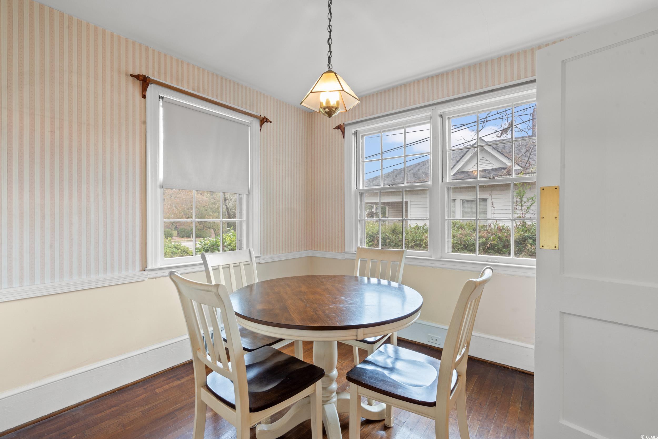 310 North Main Street Mullins, SC 29574 - Photo 31 of 35 Dining space featuring dark wood-style flooring and wallpapered walls
