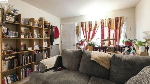 a living room with furniture a rug and a book shelf
