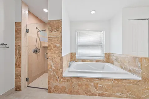 a bathroom with a bath tub and shower
