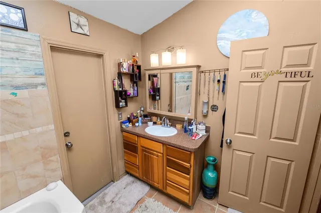 a bathroom with a sink mirror and a shower