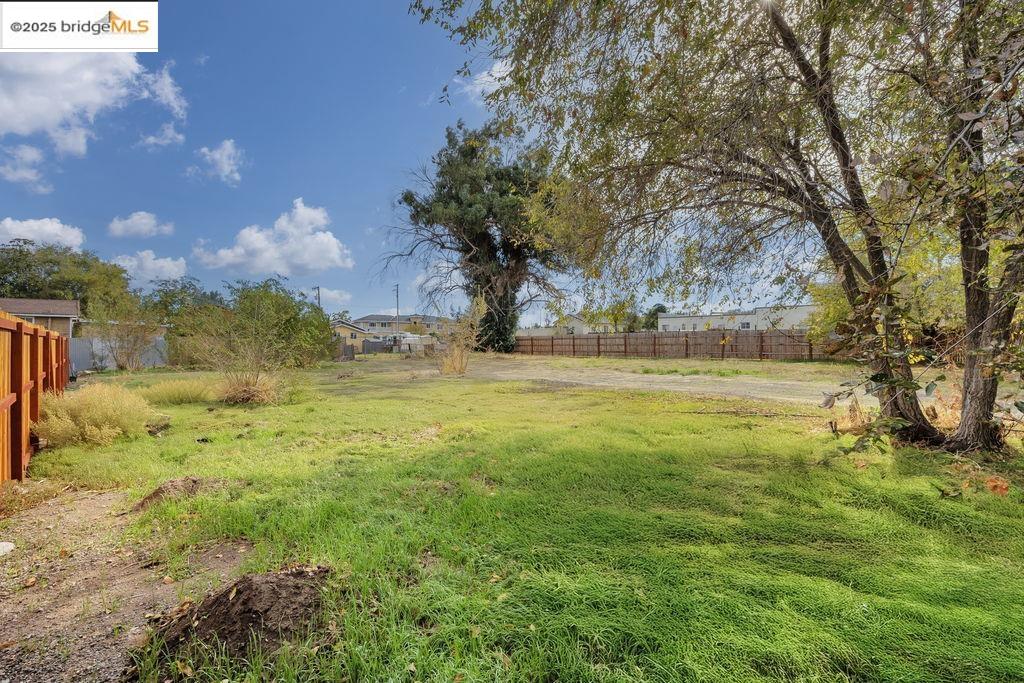 a view of yard with tree and wooden fence