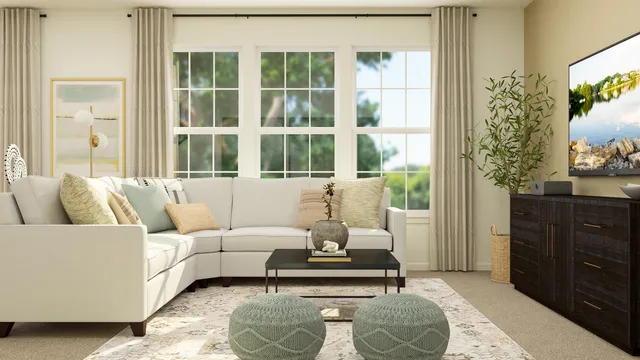 a living room with furniture and a potted plant