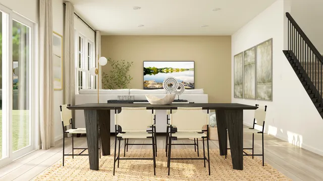 a dining room with furniture and window