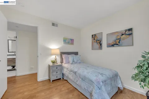 a spacious bedroom with a bed and a potted plant
