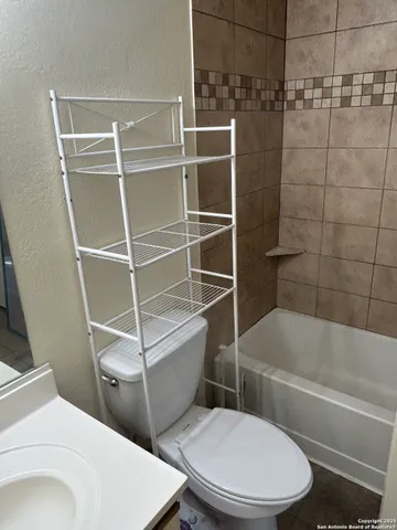 a bathroom with a toilet and a bathtub