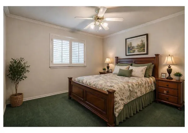 a bedroom with furniture and a book shelf