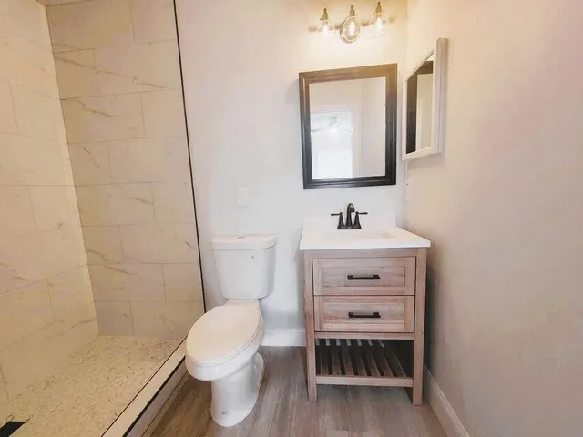 a bathroom with a sink a toilet a mirror and vanity
