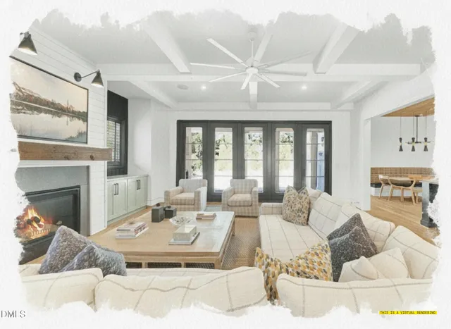 a living room with furniture large window and a fireplace