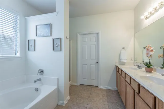 a bathroom with a bathtub sink and mirror