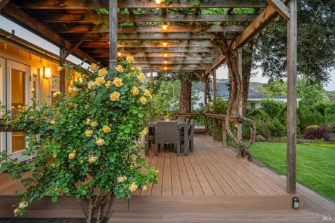 a view of a patio with table and chairs potted plants and large tree