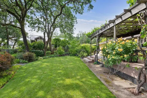 a garden view with a seating space