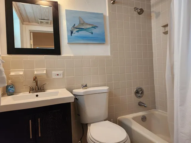a bathroom with a sink mirror toilet and bathtub